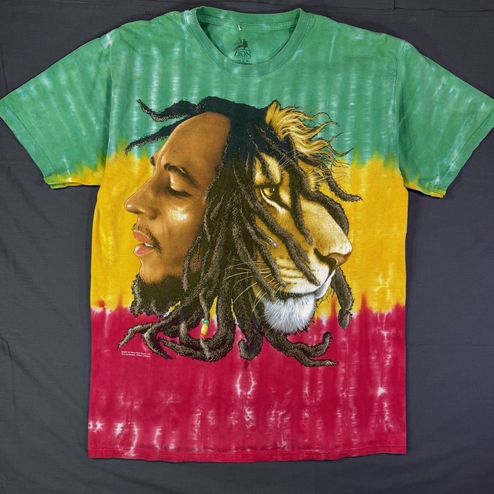 Vintage Zion Bob Marley Men's Green Yellow Red Rasta Lion Graphic Tee Cotton XL